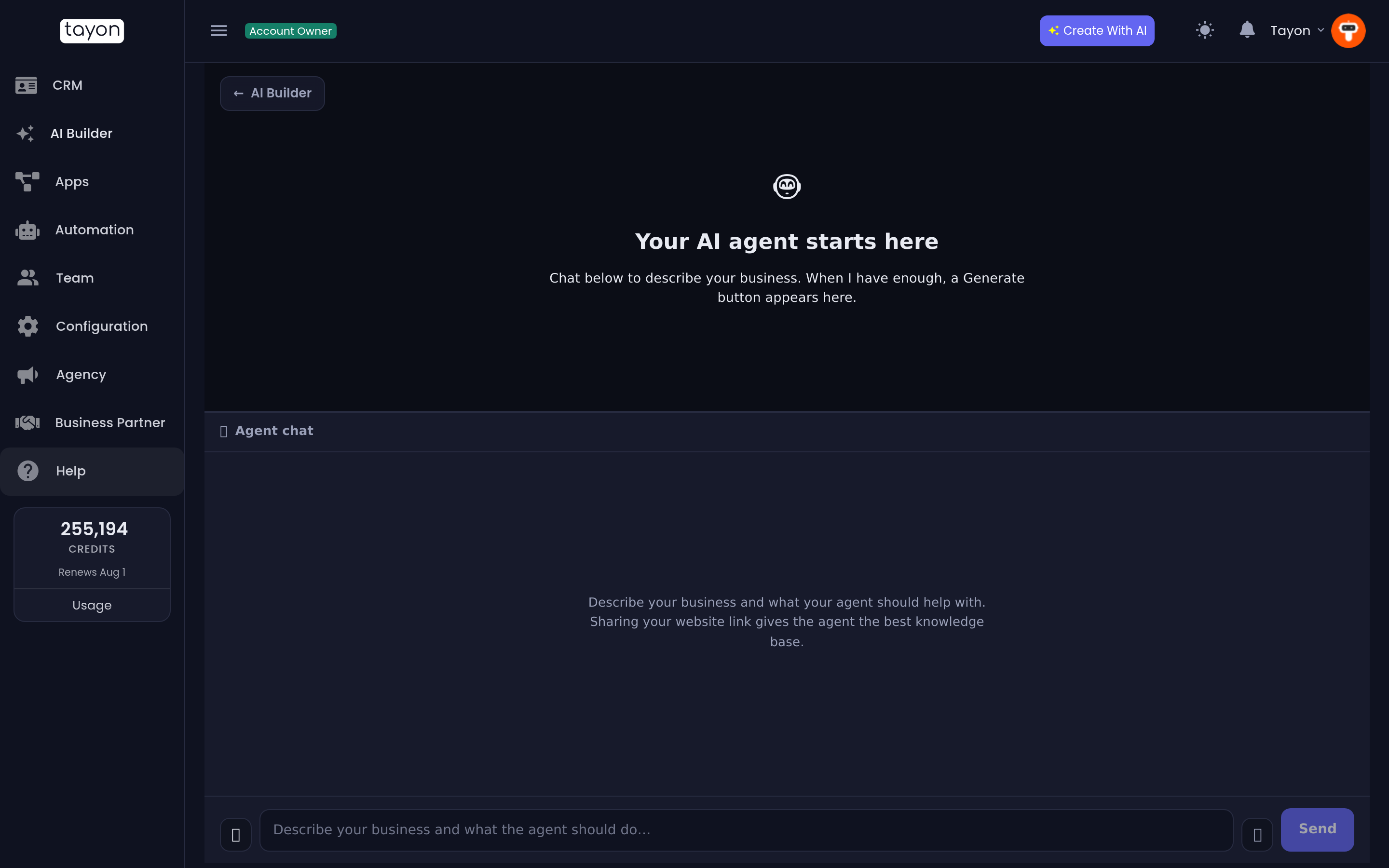 The agent build screen
