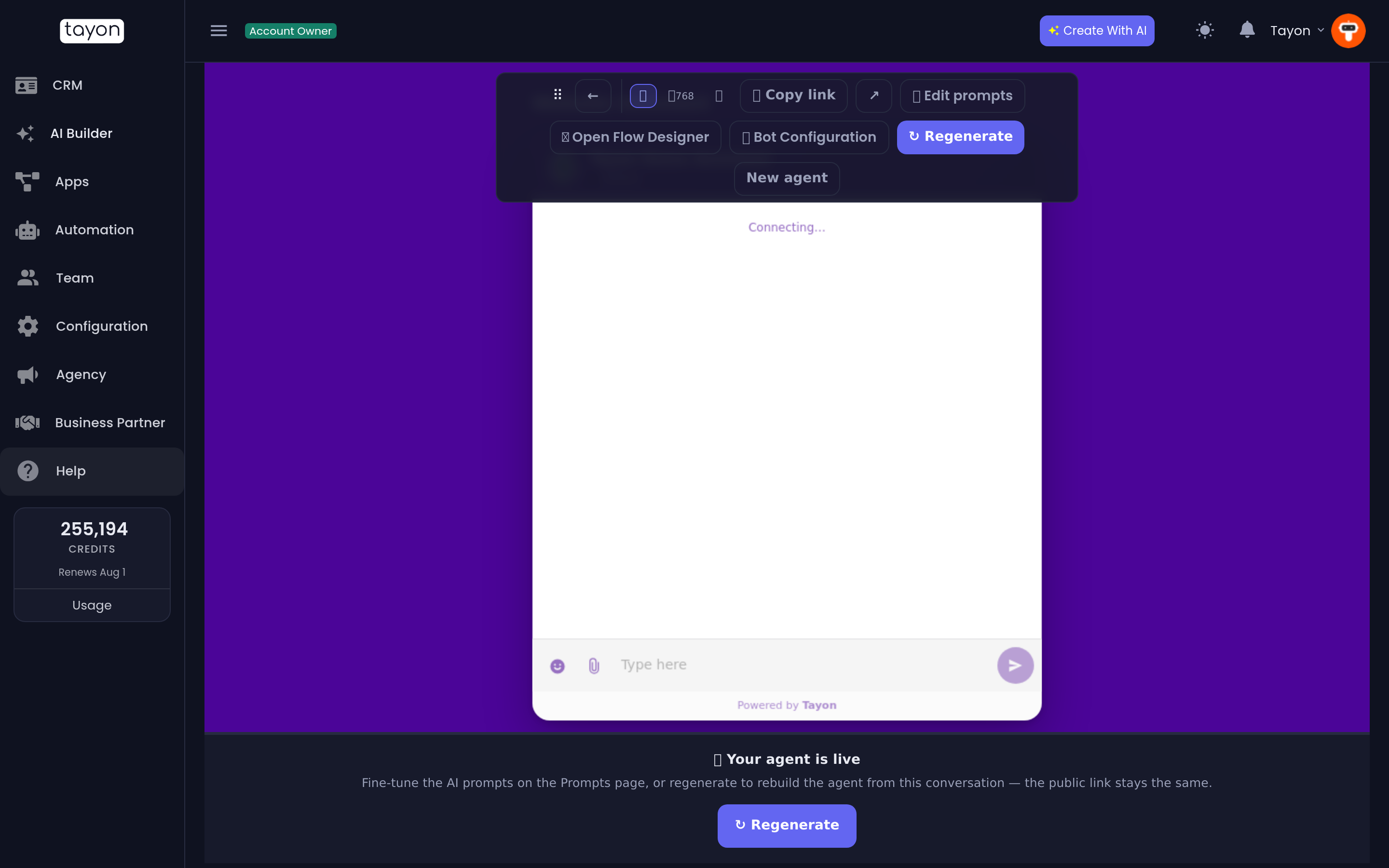 A finished agent, with its live chat page in the preview