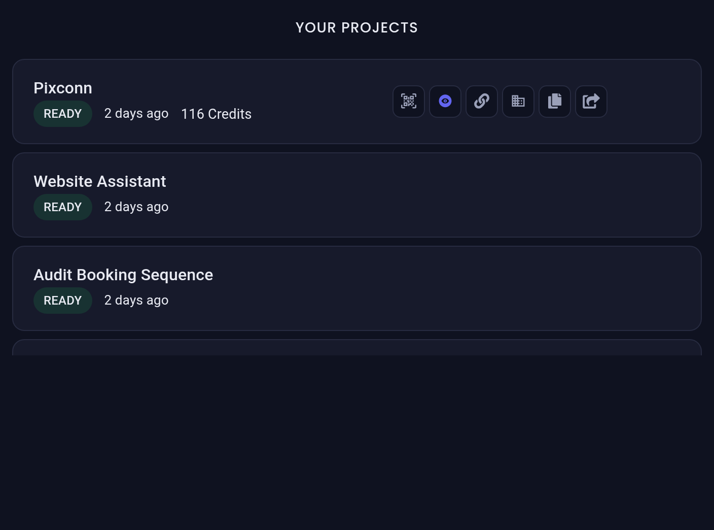 The project list, with its per-project actions
