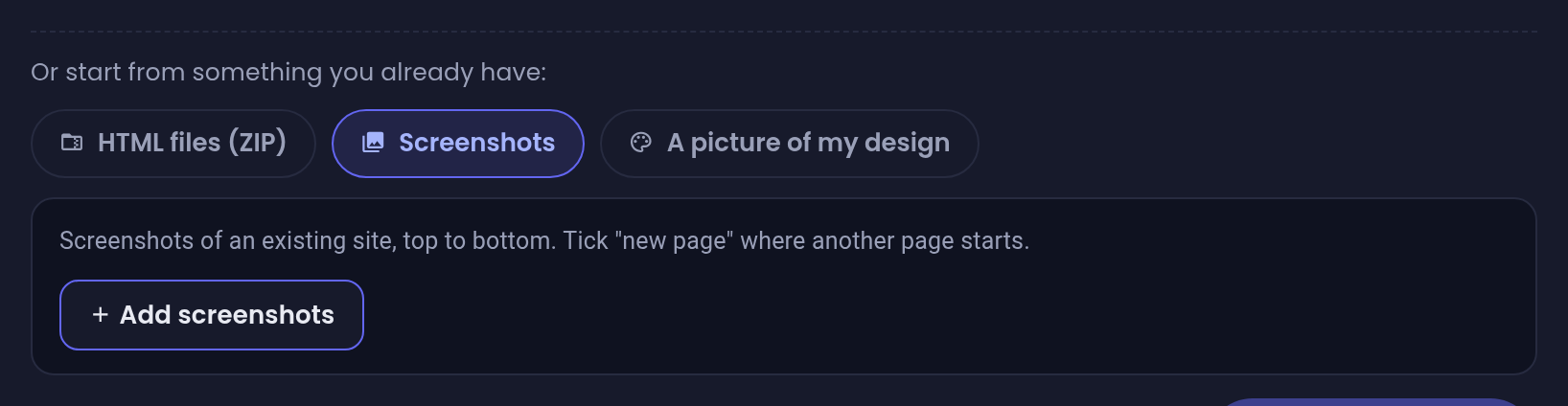 Adicione capturas de tela do seu site, de cima para baixo