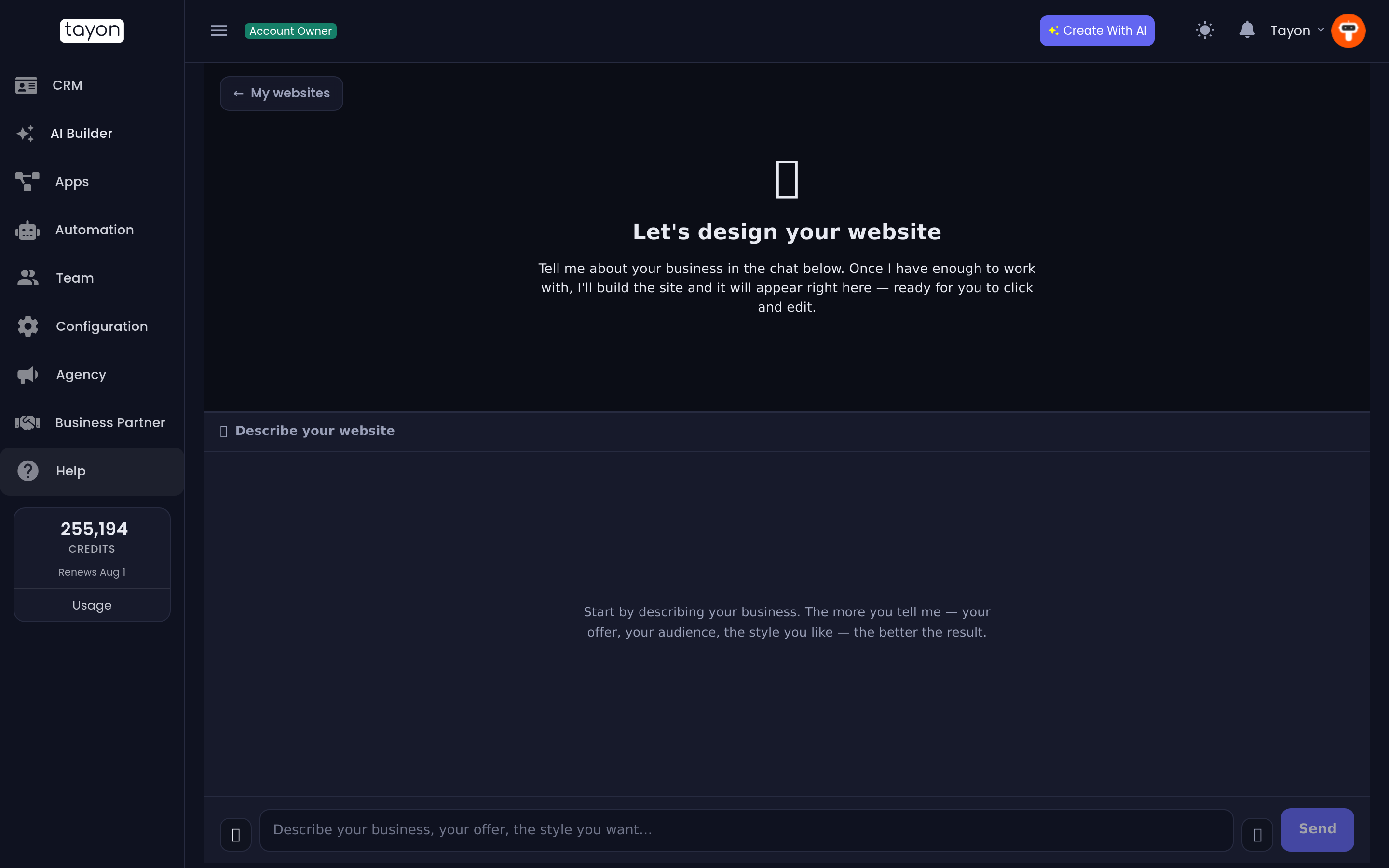 The build screen while you are still describing the site