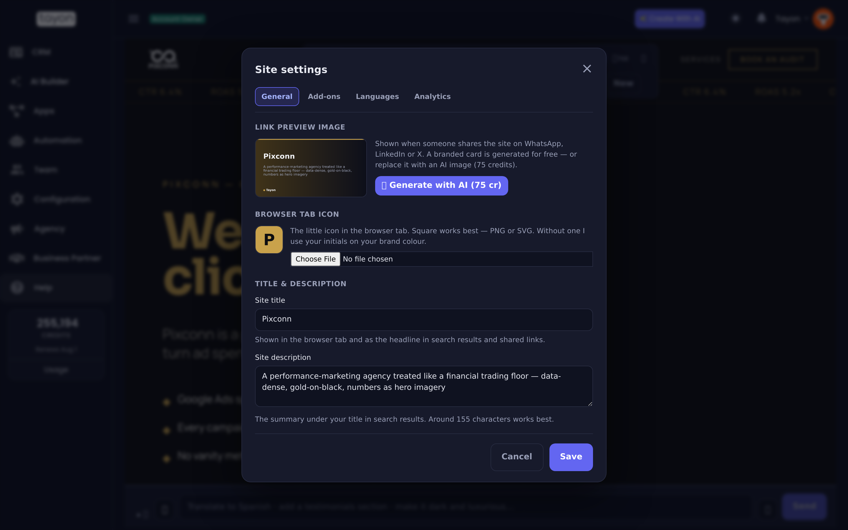 The General tab of Site settings