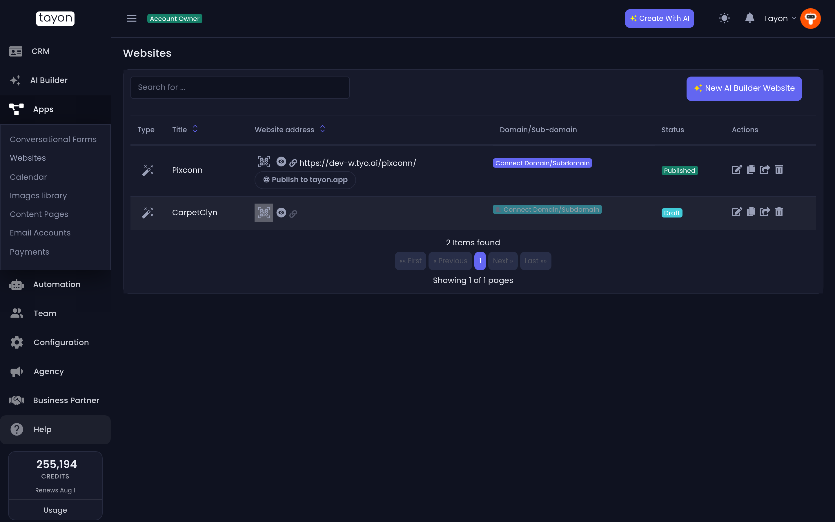 The Websites list, showing published and draft sites side by side