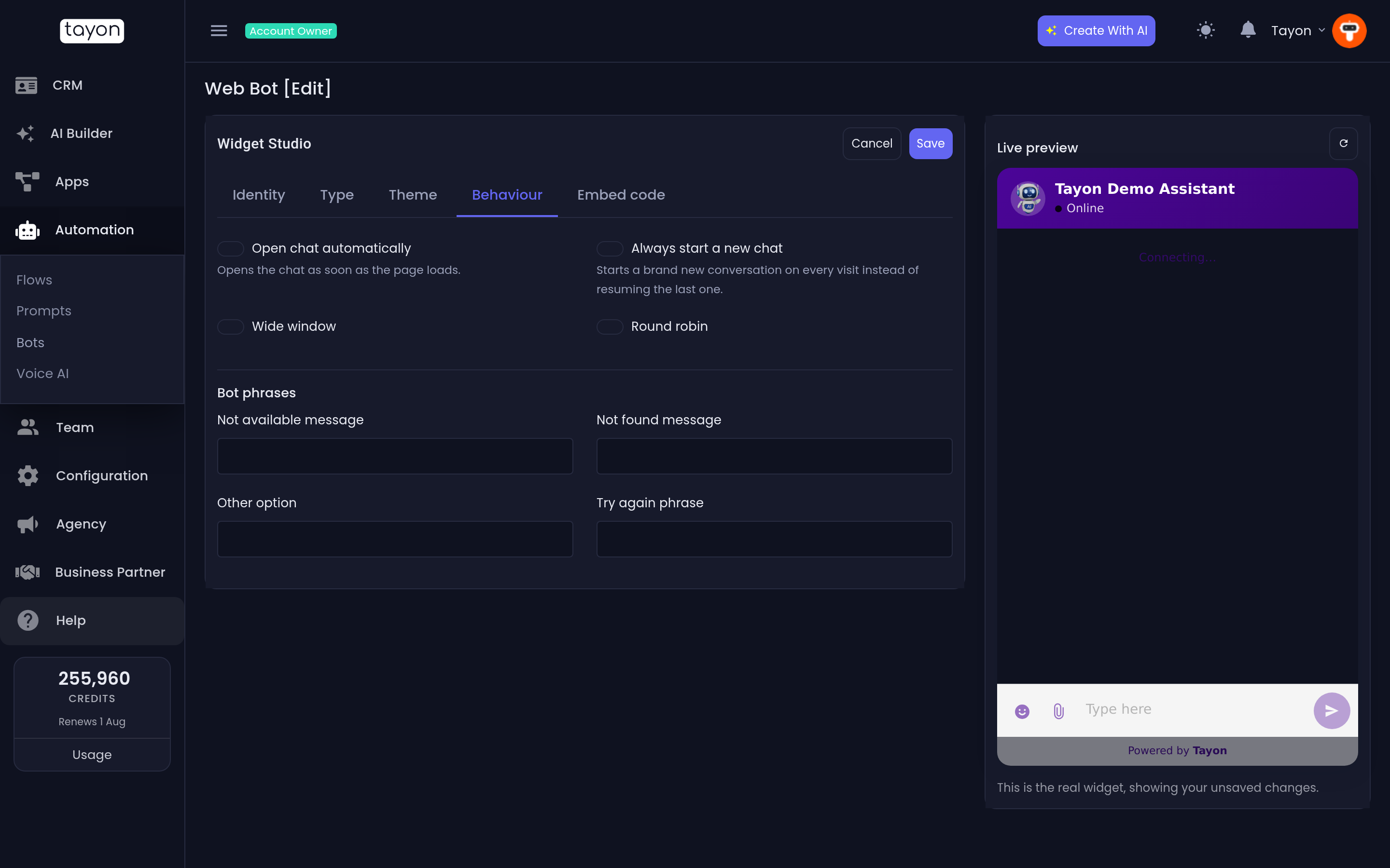 The Behaviour tab