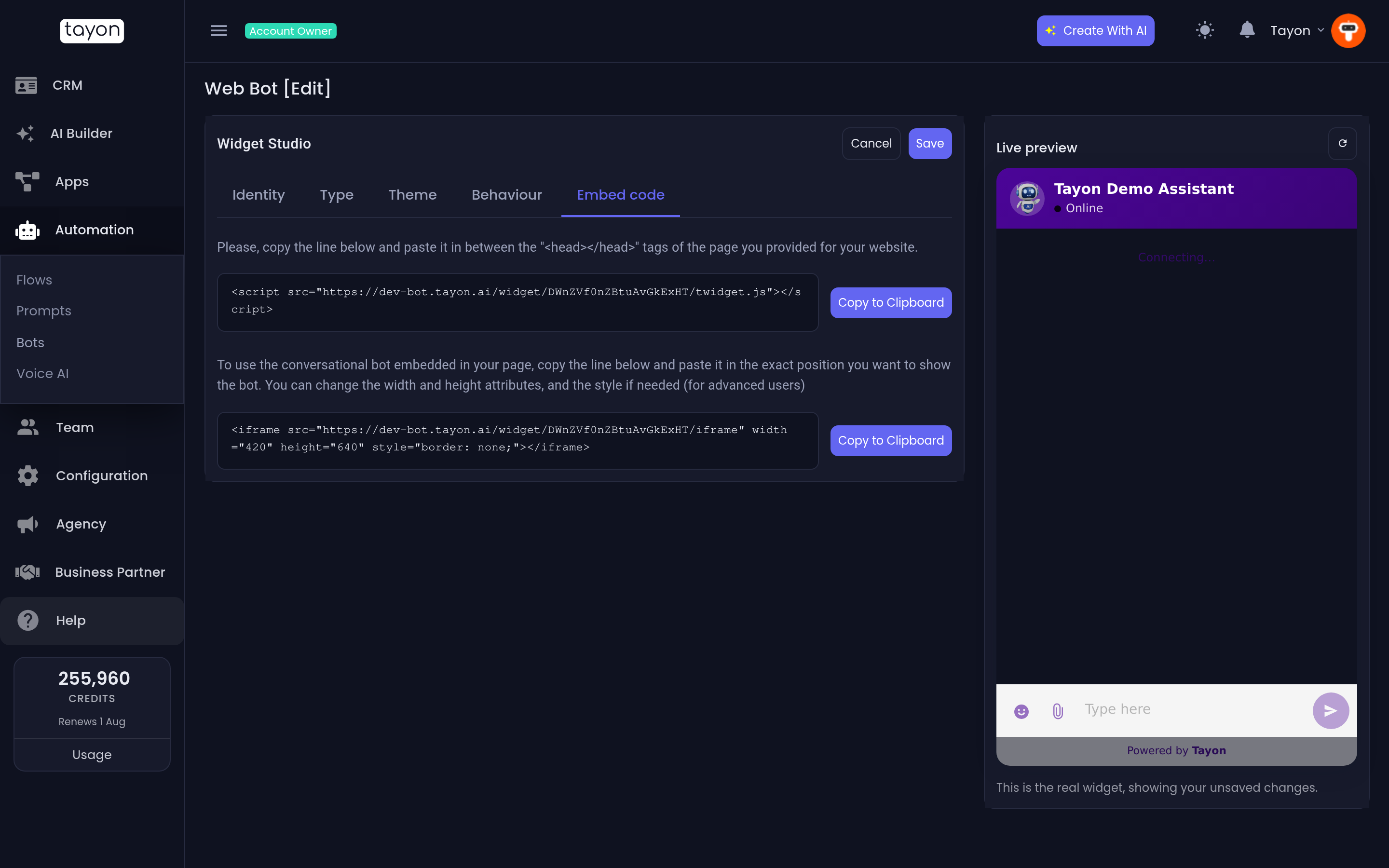 The Embed code tab