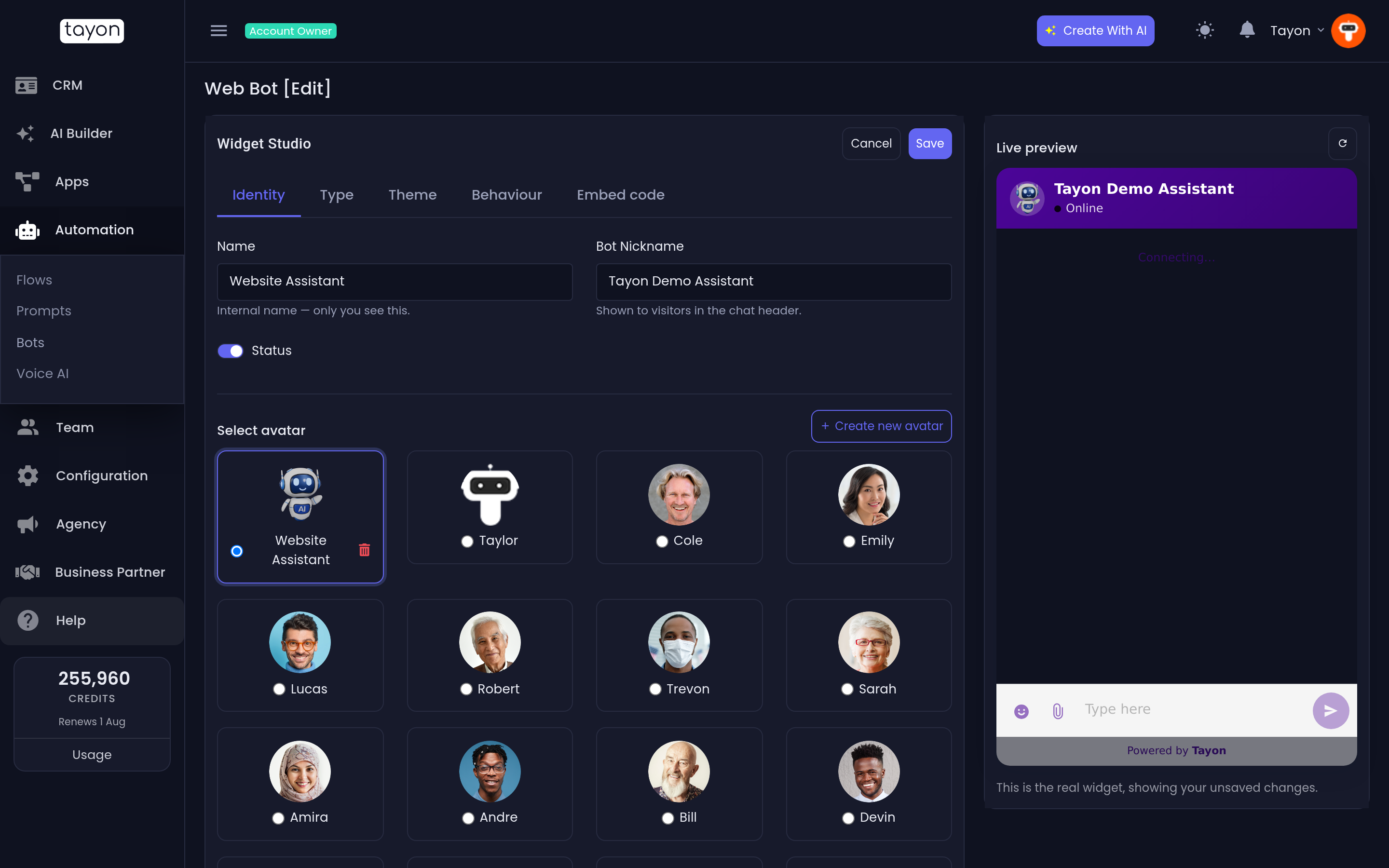 The Widget Studio, with the live preview on the right