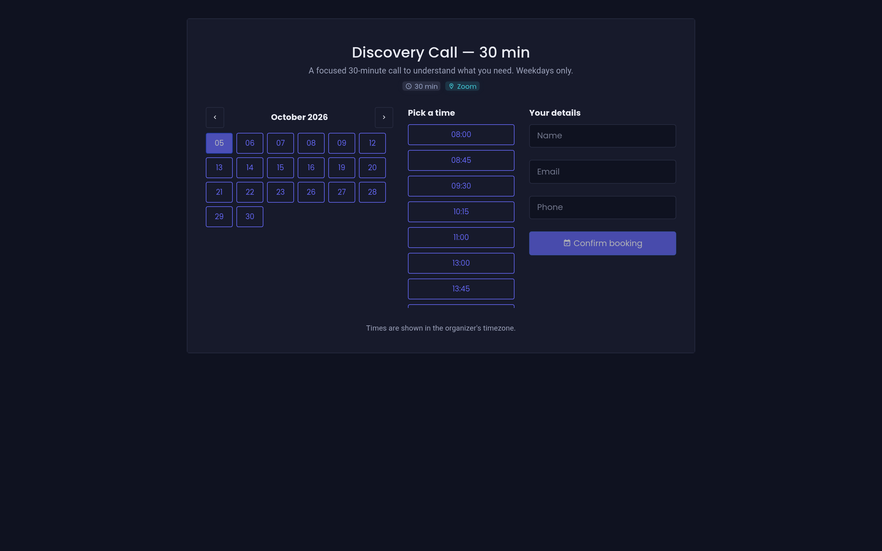 The public booking page, with a date selected