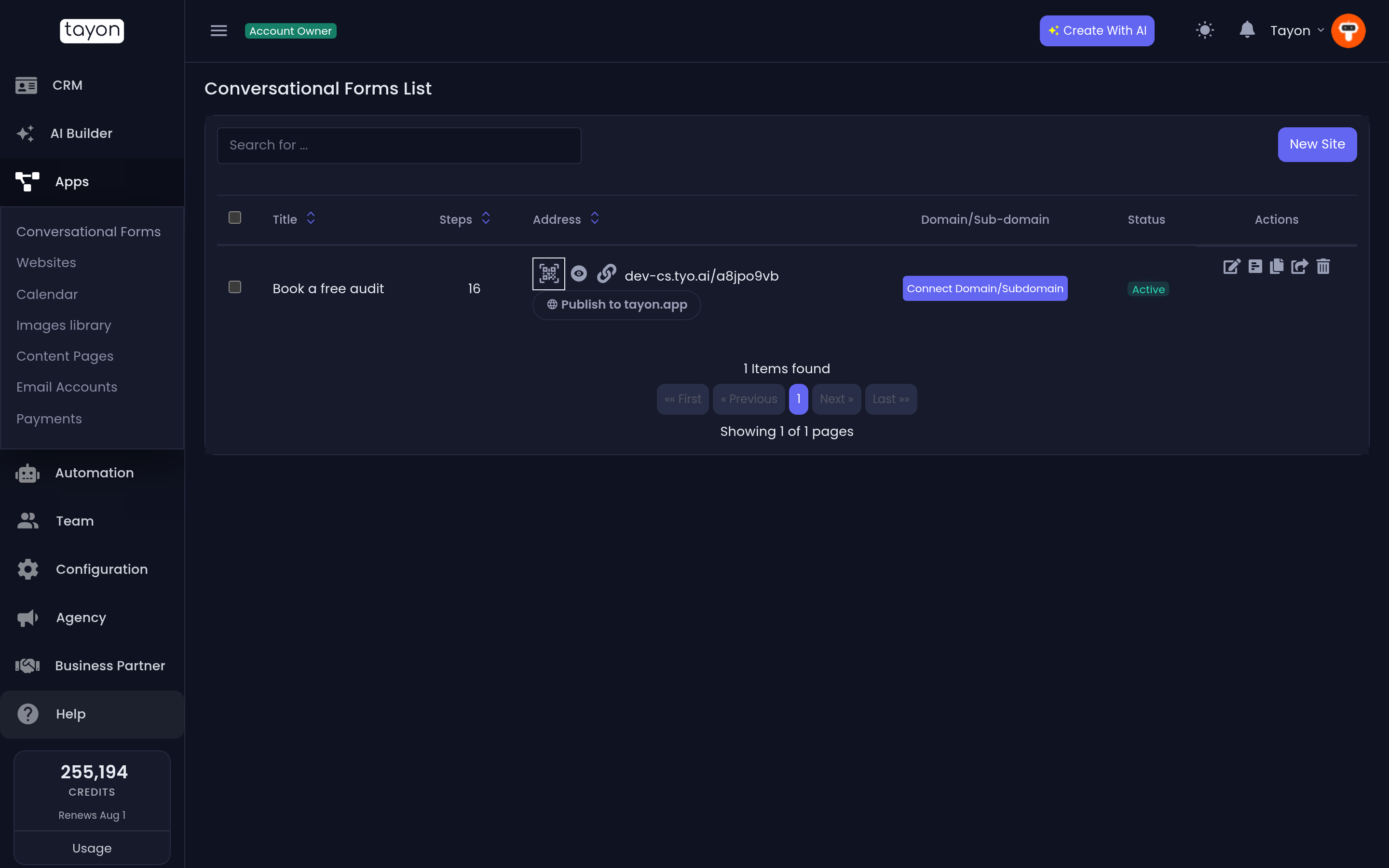 Your conversational forms, with the public address of each one