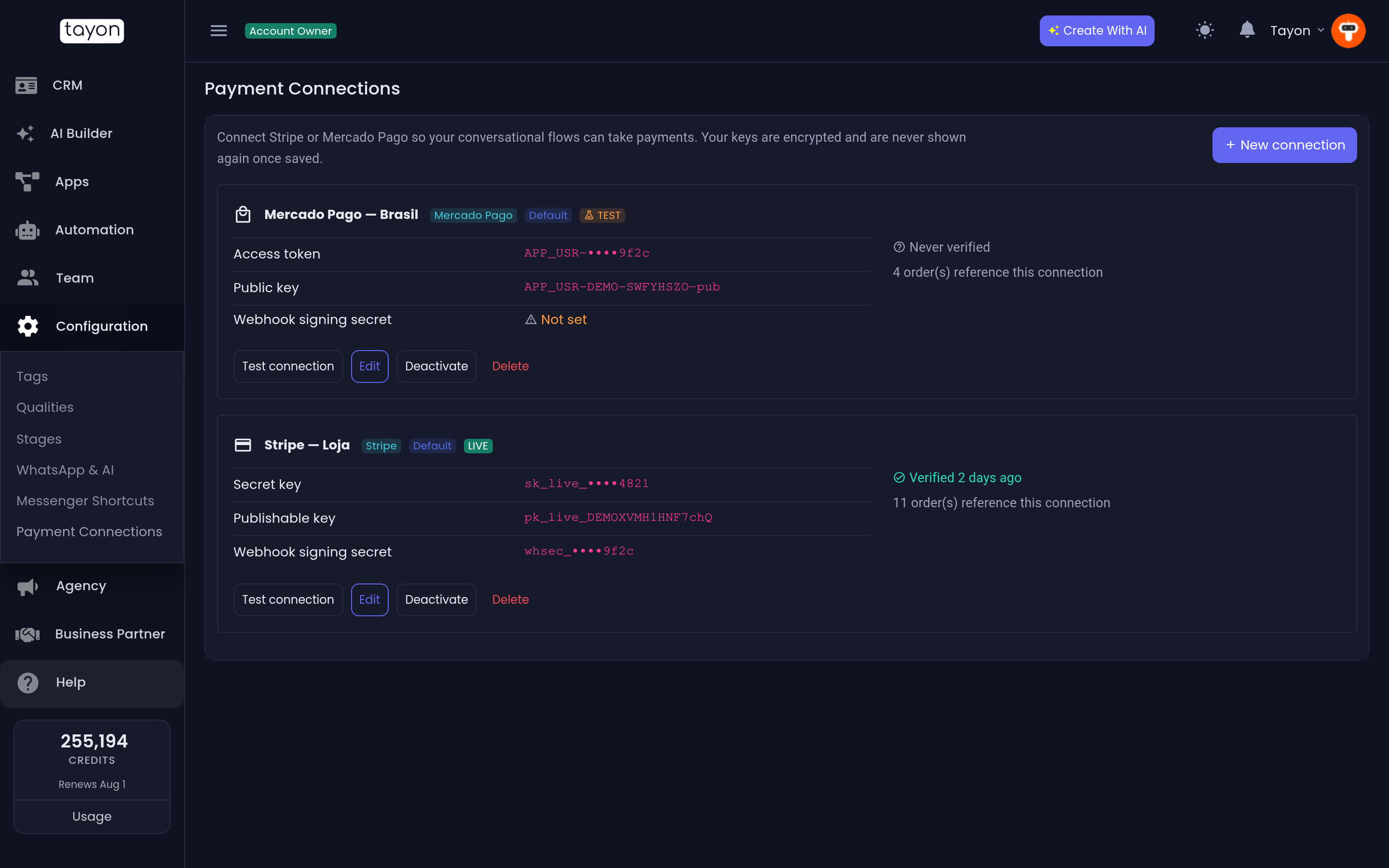 The Payment Connections screen