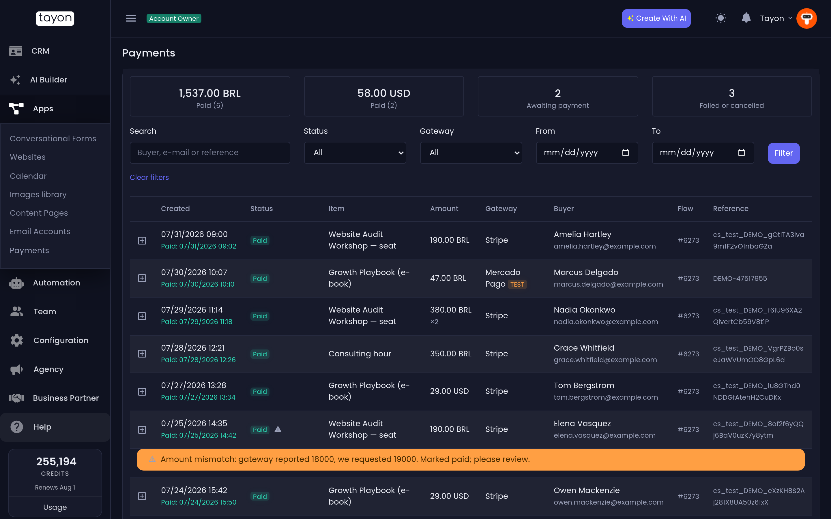The Payments screen, with its totals, filters and order list