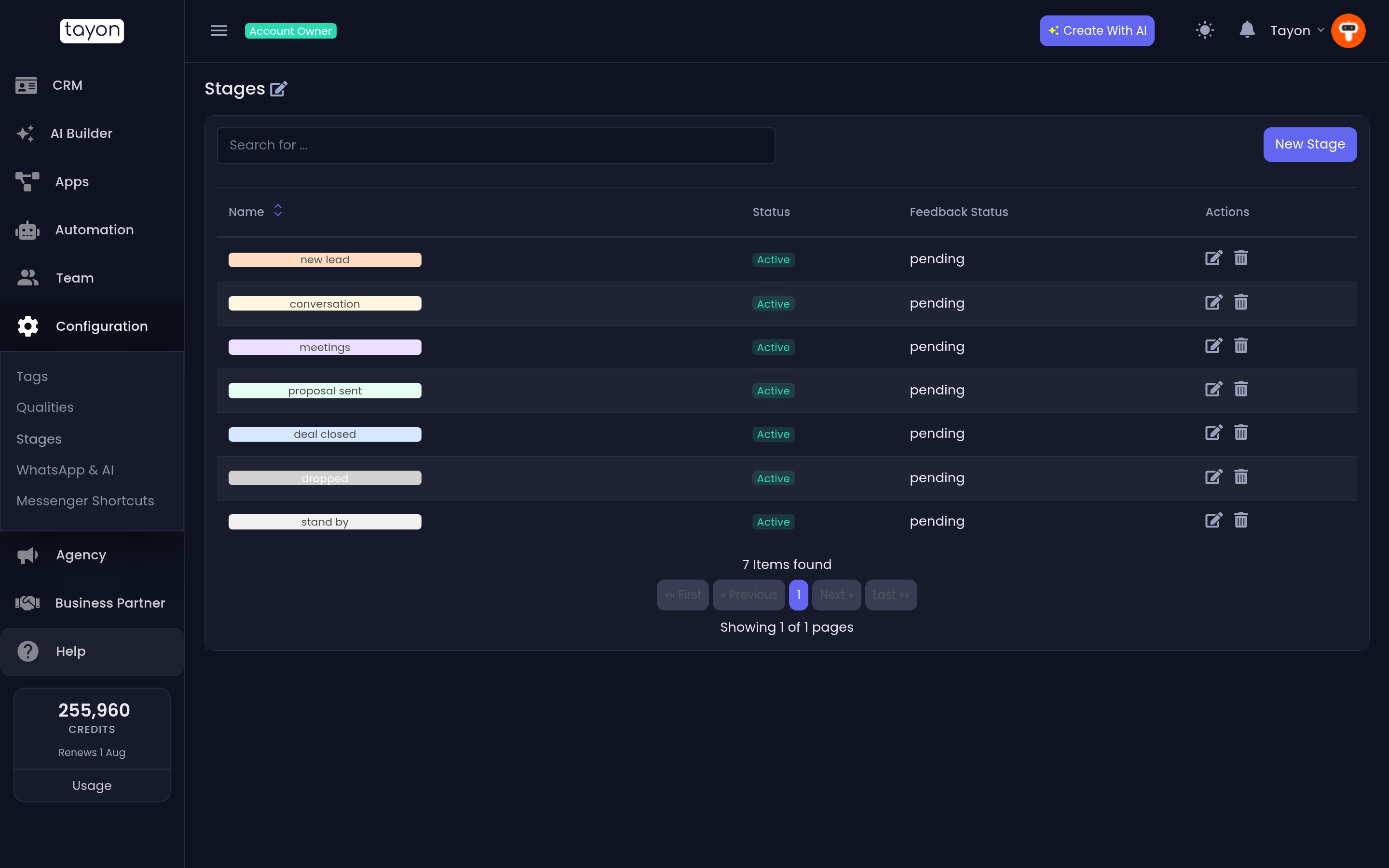 The Stages screen