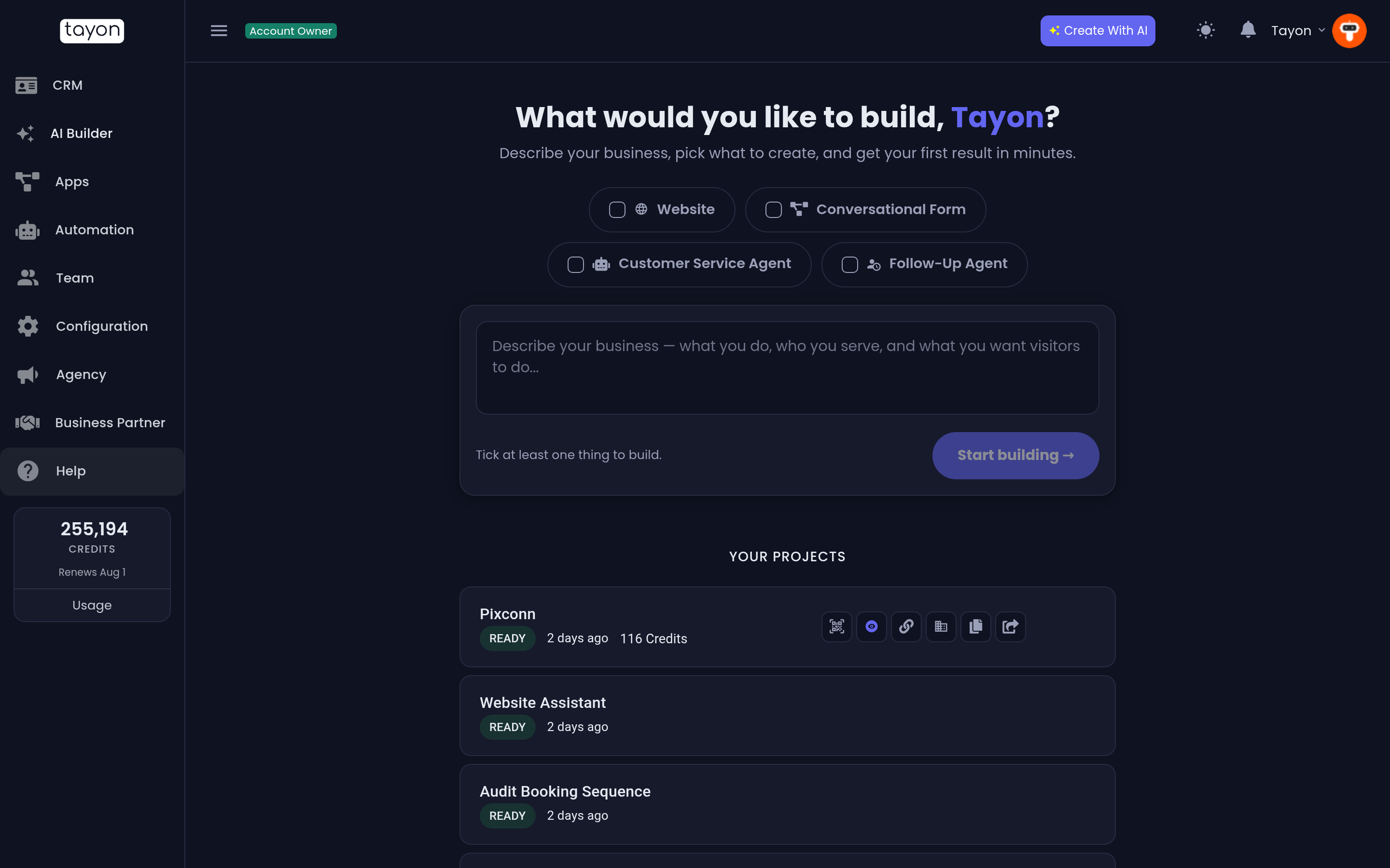 Projects you have already built, in the AI Builder