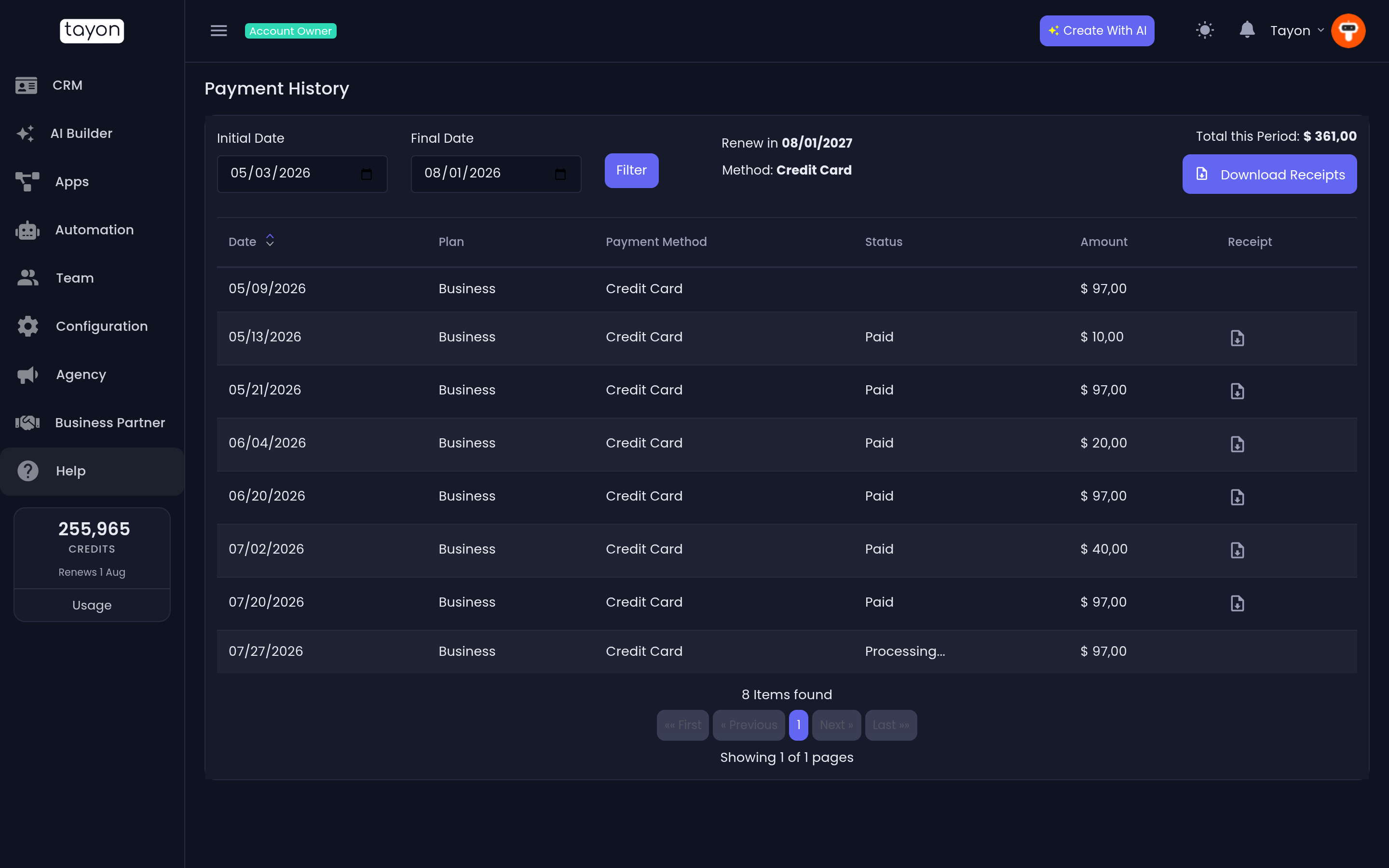 Plan details and invoice history