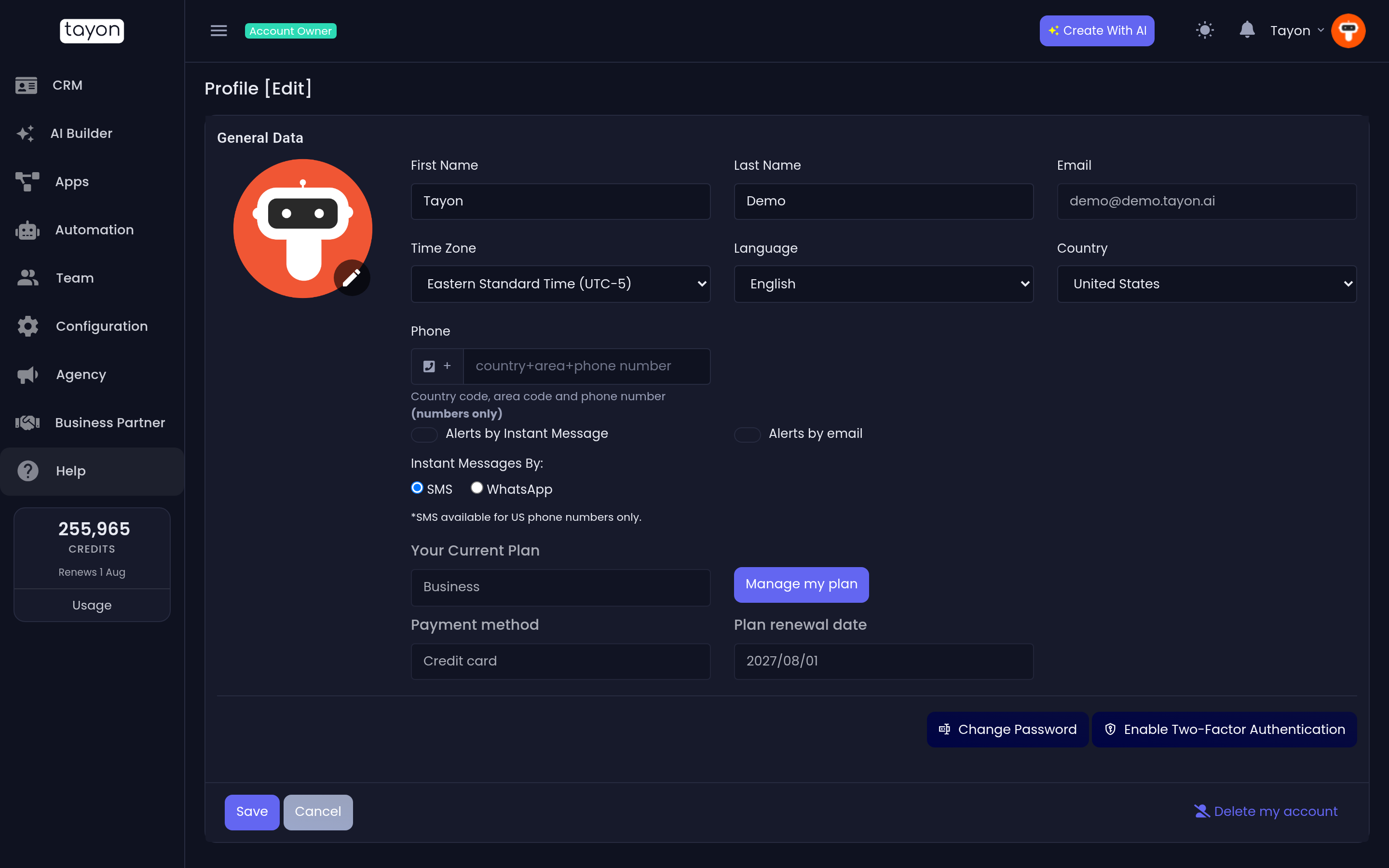 The security buttons at the foot of the Profile screen