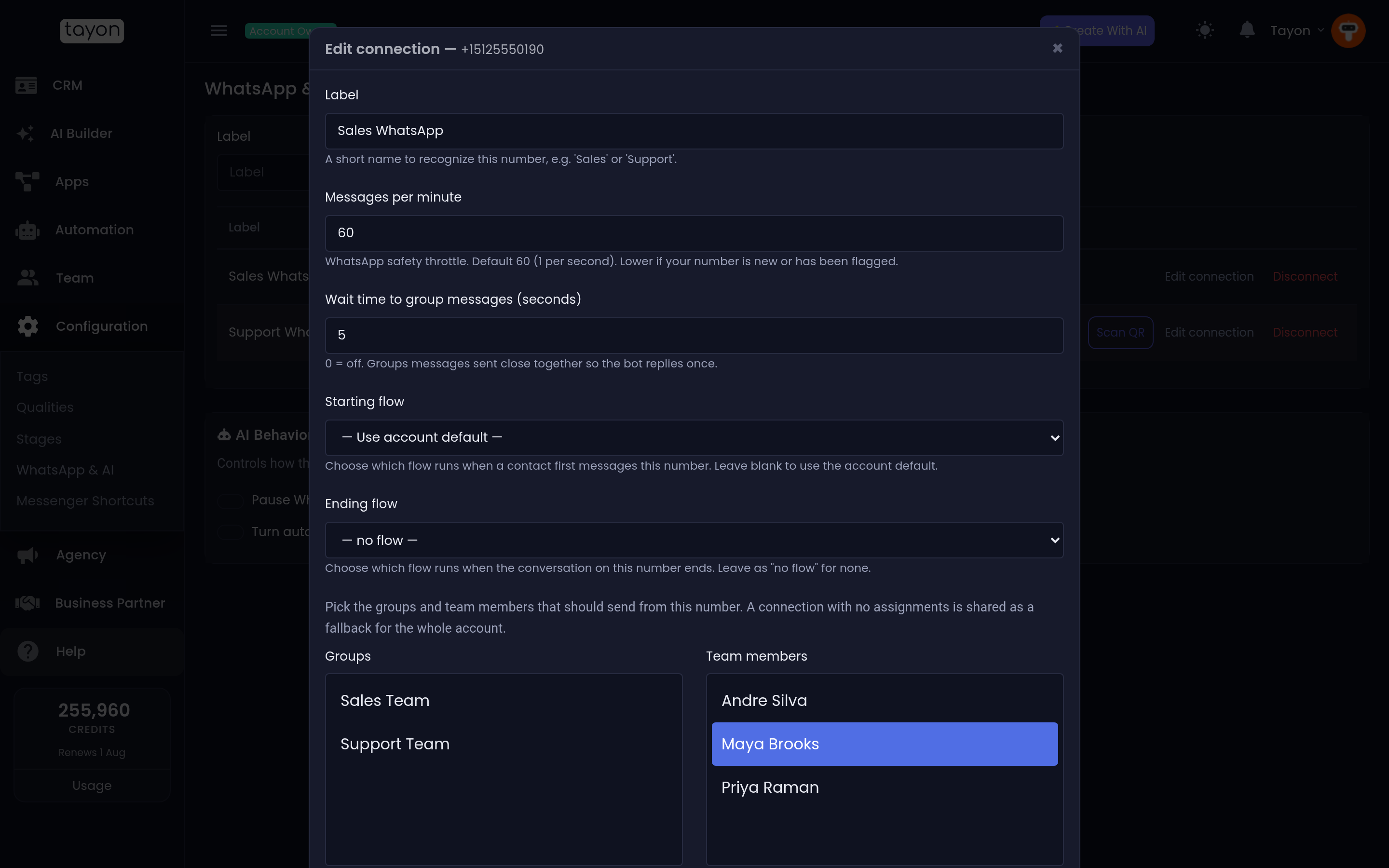 A connection's settings