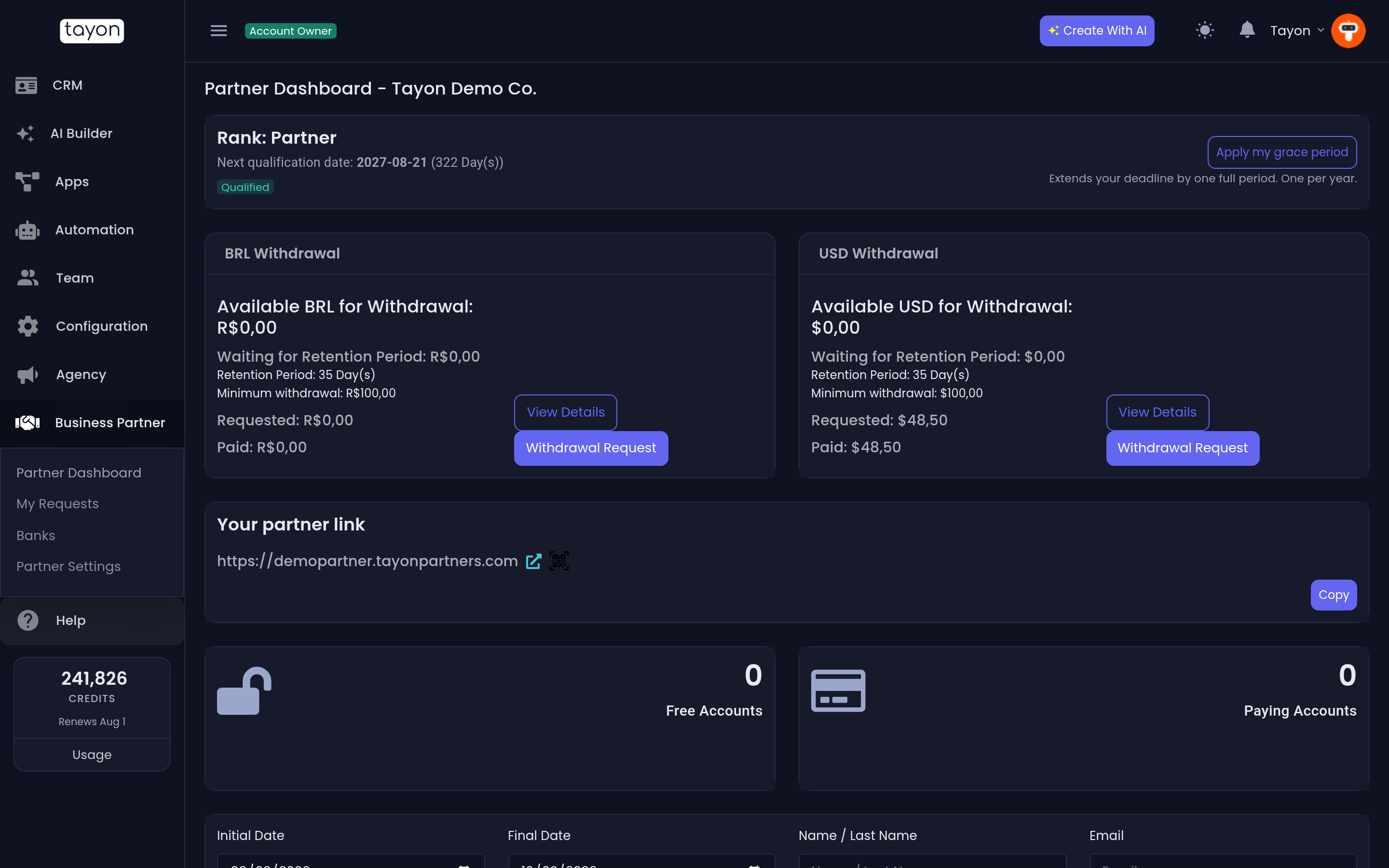O Dashboard de Parceiro