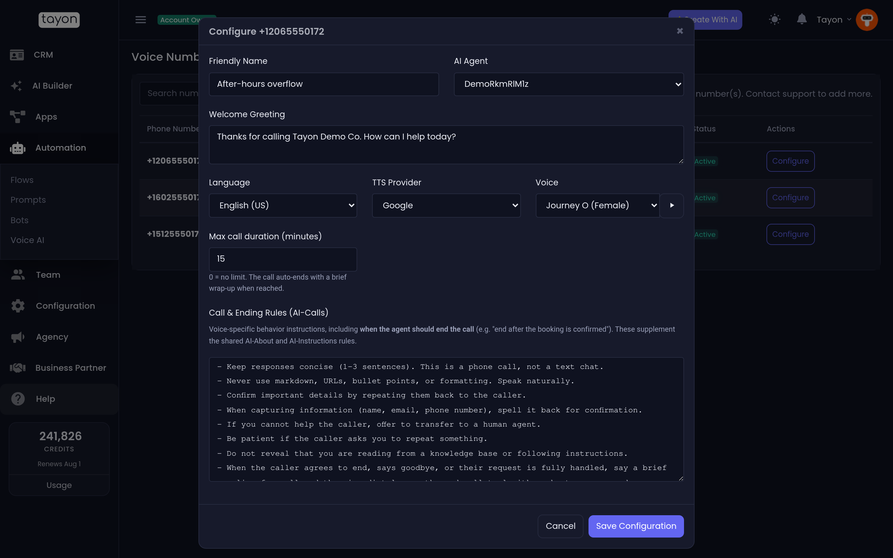 El cuadro Configure de un número